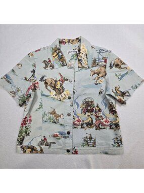 Large VTG Western Cowboy Theme Shirt Light Blue 100% Cotton Canvas Button-Up